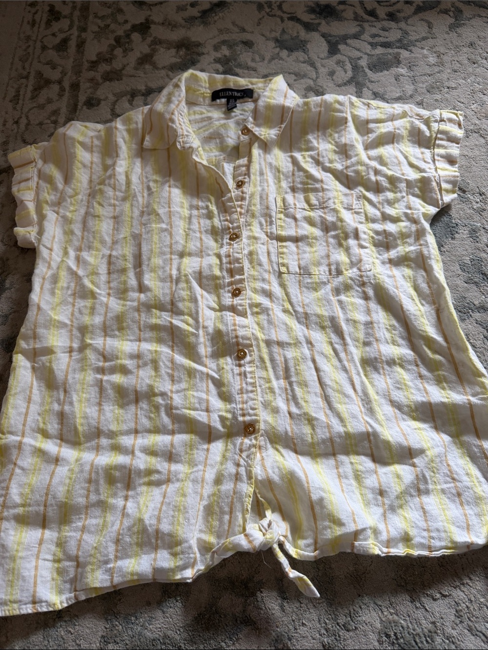 Ellen Tracy White and Yellow Striped Button-Front  linen Top